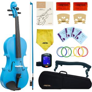 Crafteem 4/4 Full Size Fiddle Blue Colored Premium Violin Outfit for Beginners Adults Kids With 5 Color Fingering Tape- Handcrafted Student Beginner Violin.(Blue, 4/4 Full)
