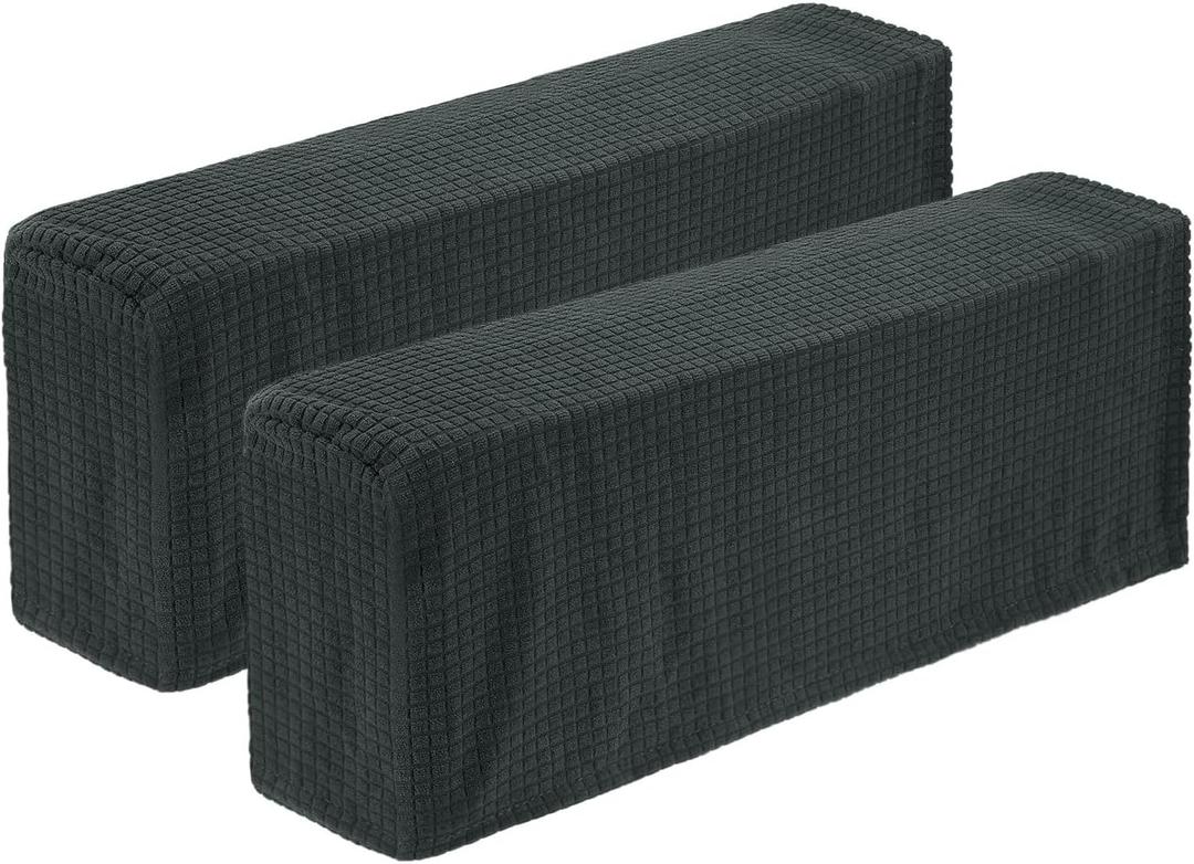 uxcell 2 Pcs Stretch Armrest Covers, Polyester Couch Armchair Cover Water Resistant Plaid Chair Arm Rest Slipcovers for Sofa Recliner, Dark Gray