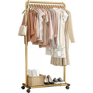Sakugi Clothes Rack - Clothing Rack with Storage Mesh Shelf & Casters, Heavy-Duty Metal Clothing Rack for Hanging Clothes, Dresses, Coats, Large Load Capacity, Easy Assembly, Gold, 28.0"x16.9"x59.0"