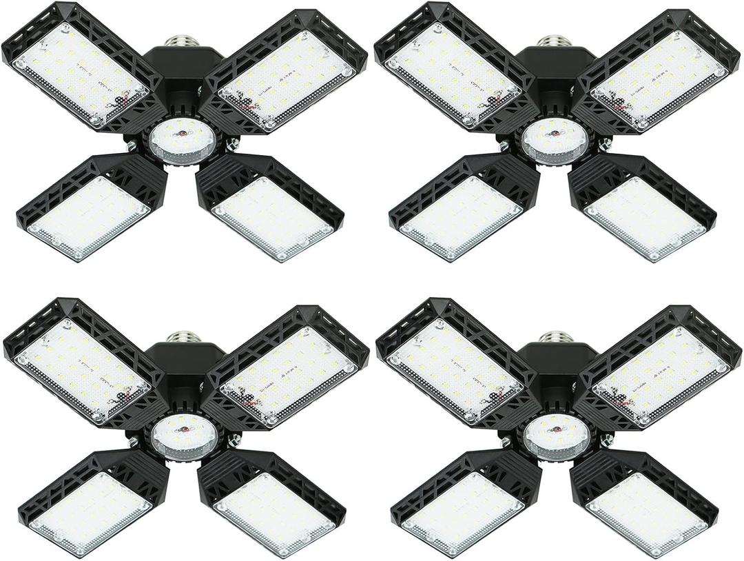 4-Pack LED Garage Light, 150W Deformable LED Ceiling Lights, 15000LM Garage Lighting with 4 Adjustable Panels, E26/E27 Shop Lights for Basement, Workshop, Attic