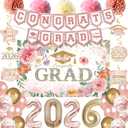 Holkcog 2026 Graduation Decorations, Pink Class of 2026 Congrats Graduation Floral Backdrop, Balloons, Paper Pompoms for Graduation Party Decorations, Outdoor Indoor College Grad Party Decorations