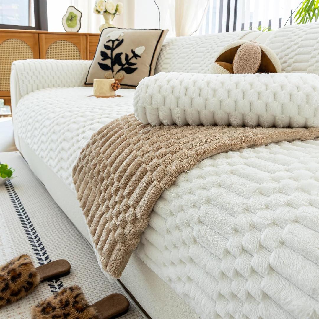 JPGGD Plush Warm Sofa Covers Washable, Funny Fuzzy Couch Cover for Dogs Washable, Non-slip Couch Covers for Sectional Sofas, Soft Sofa Slipcover for Pet & Kid(1PC, Beige White, 36"×83", Single Seater)