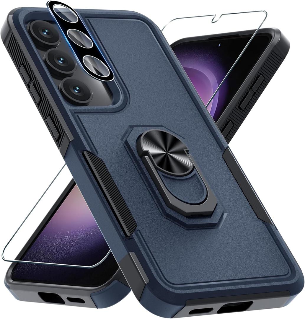 for Samsung Galaxy S25 Plus/S24 Plus Case with Screen Protector+Camera Lens Protector,Heavy Duty Shockproof Full Body Protective Cover Built in Rotatable Metal Ring Holder Kickstand,2025 Navy Blue