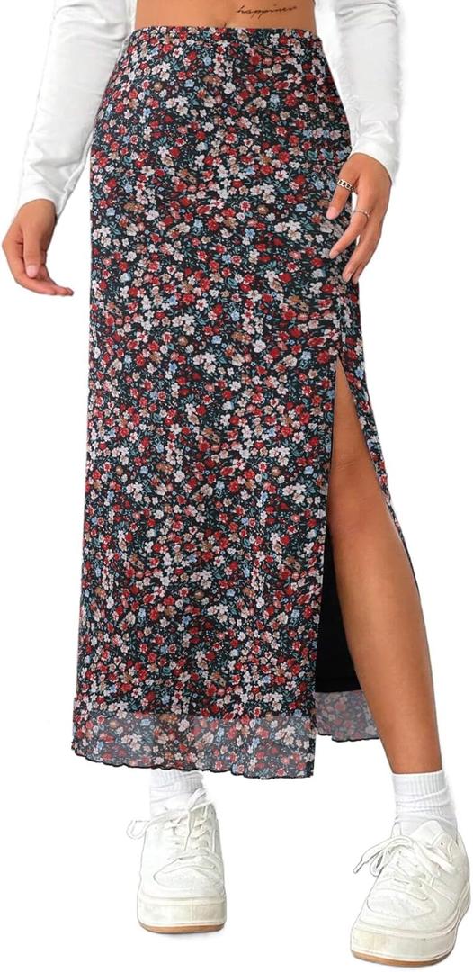 Avanova Women's Boho Floral Mesh Slit Split Long Skirts High Waisted Sexy Summer Maxi Skirts Floral Muti Medium