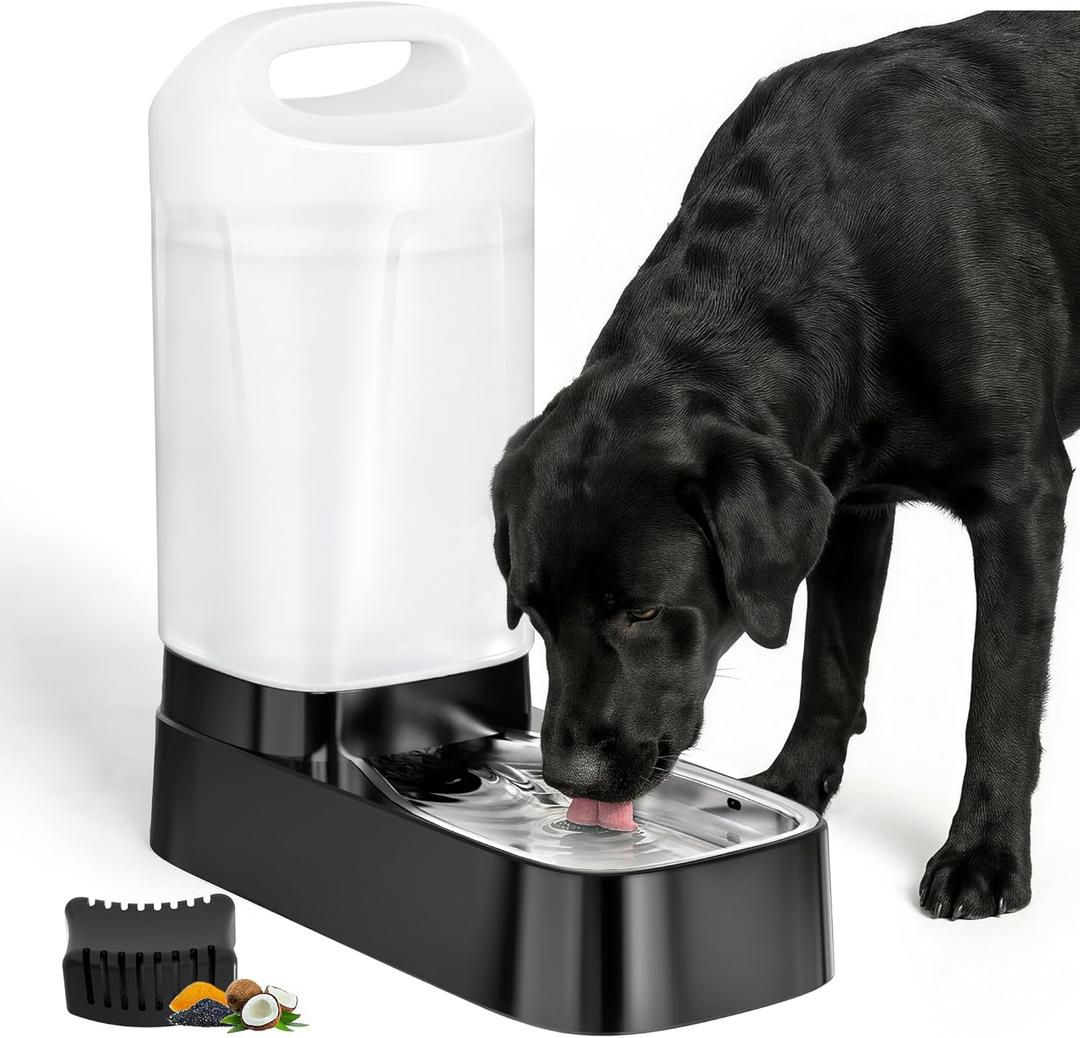 Automatic Dog Water Bowl Dispenser with Filter - 2.4 Gal Large Gravity Auto Pet Water Feeder Waterer with Stainless Steel Bowl & Easy Carry Handle for Large Dog Cat Multi Pet Use
