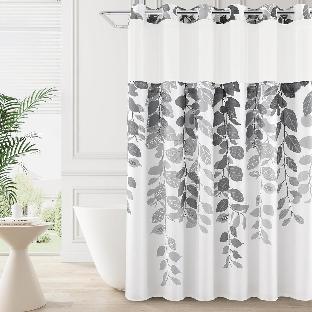 BOODII No Hook Shower Curtain with Snap in Liner Eucalyptus Shower Curtain Fabric Waterproof Liner Plants Gray Leaves Modern Shower Curtains for Bathroom Machine Washable, 72 x 75