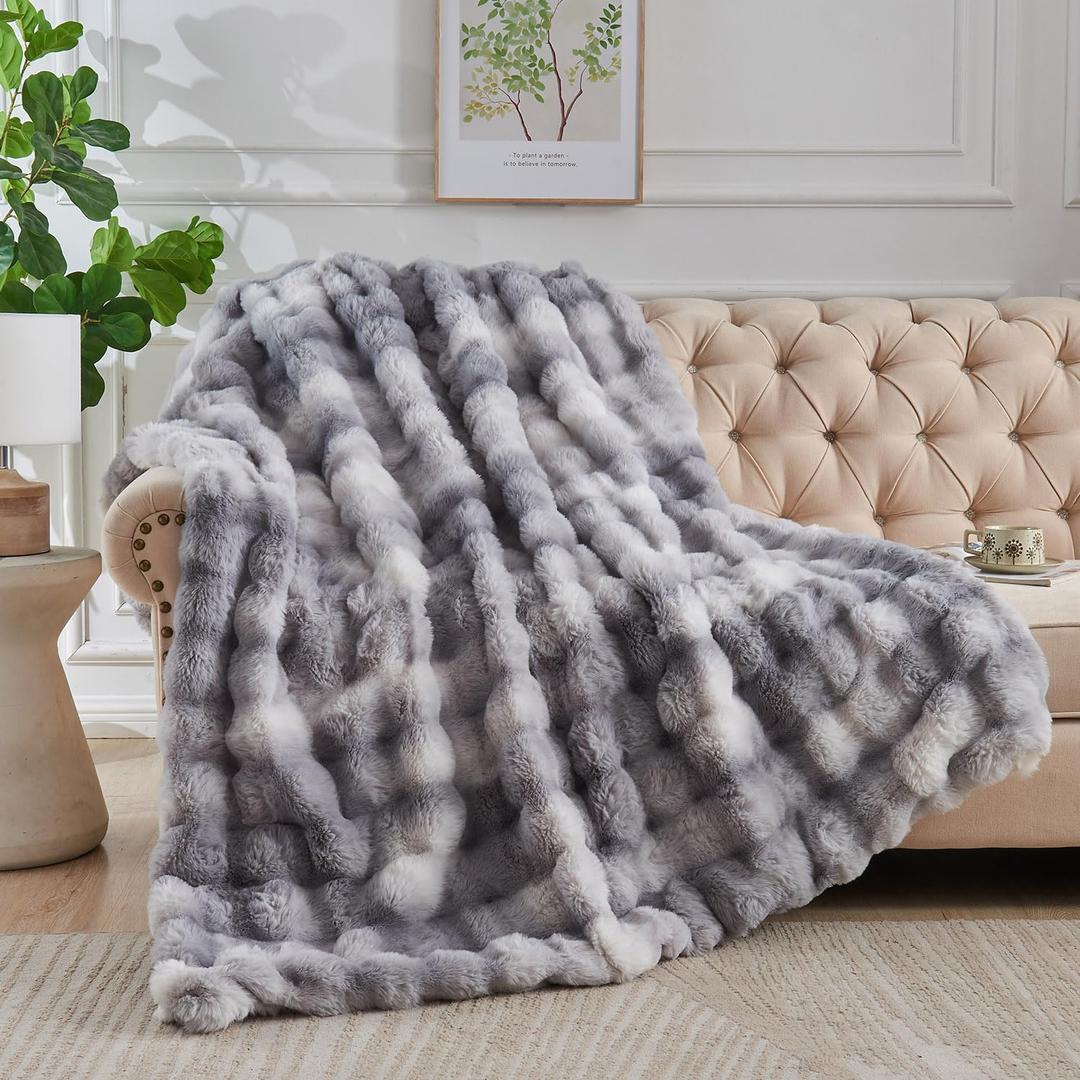 Lotus Karen Queen Size Faux Fur Blanket Tie-Dye Gray - Big Bubble Rabbit Fluff Throw for Bed Large Fluffy Fuzzy Cozy Thick Furry Plush Shaggy Blankets for Men 90x90 Inches