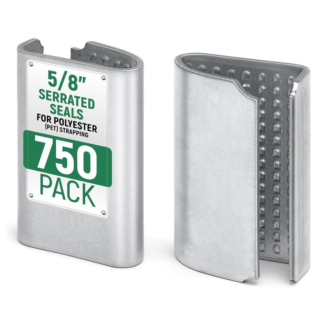 Open Serrated Seals for 5/8" PET Polyester Strapping, Pack of 750 - Heavy-Duty Metal Clips for Pallet Banding, Secure Packaging and Shipping