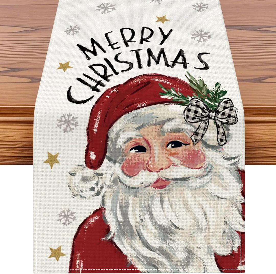 Artscope Merry Christmas Santa Claus Table Runner, Xmas Winter Snowflakes Holiday Kitchen Dining Table Decoration for Christmas Home Party Decor 13x120 Inch-Red