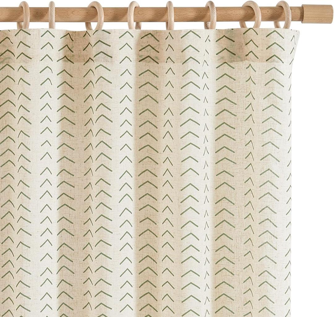 Jinchan Linen Boho Curtains for Living Room Semi Sheer Curtains for Bedroom 63 Inches Long Herringbone Printed Farmhouse Drapes, Rod Pocket Window Treatment Curtain Set of 2 Panels Green on Linen
