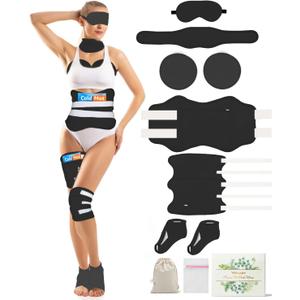11 PCS Organic Castor Oil Pack Wrap Flannel Cotton for Entire Body, Castor Oil Pads Set for Eyes Breast Waist Knees Legs Feet, Adjustable Straps, Reusable,Machine Washable (Black)