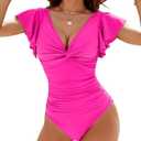 Blooming Jelly Womens Tummy Control Swimsuit V Neck One Piece Bathing Suits Slimming Lace-up Ruffle Swimwear L