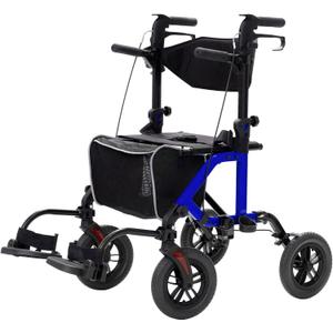 ELENKER All-Terrain 2 in 1 Rollator Walker & Transport Chair, Folding Wheelchair with 10 Non-Pneumatic Wheels for Seniors, Reversible Backrest & Detachable Footrests, Blue