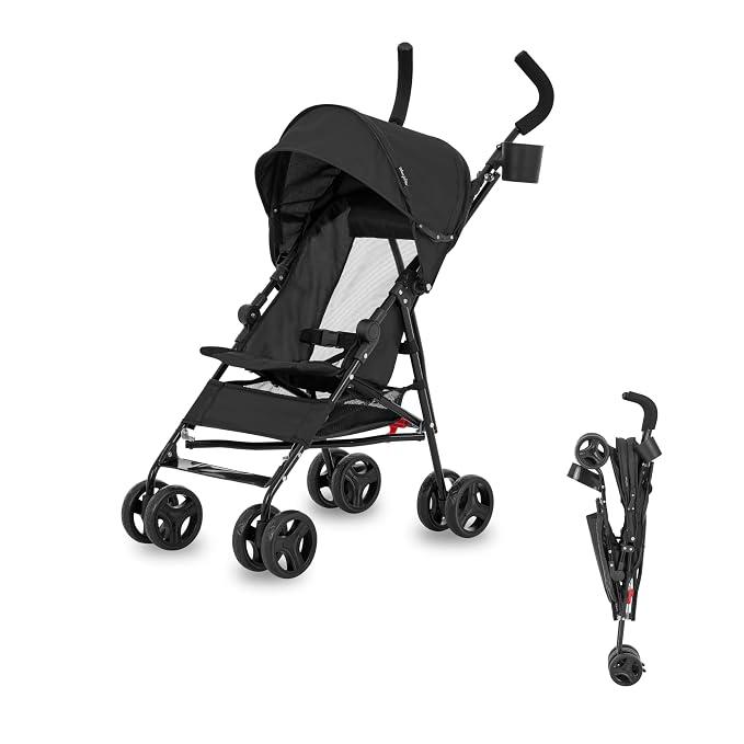 Dream On Me Rover Convenience Baby Stroller – Lightweight & Compact Travel Umbrella Stroller, Quick One-Hand Fold, Lockable Rear Wheels, Adjustable Canopy, 3-Point Safety Harness & Cup Holder - Black