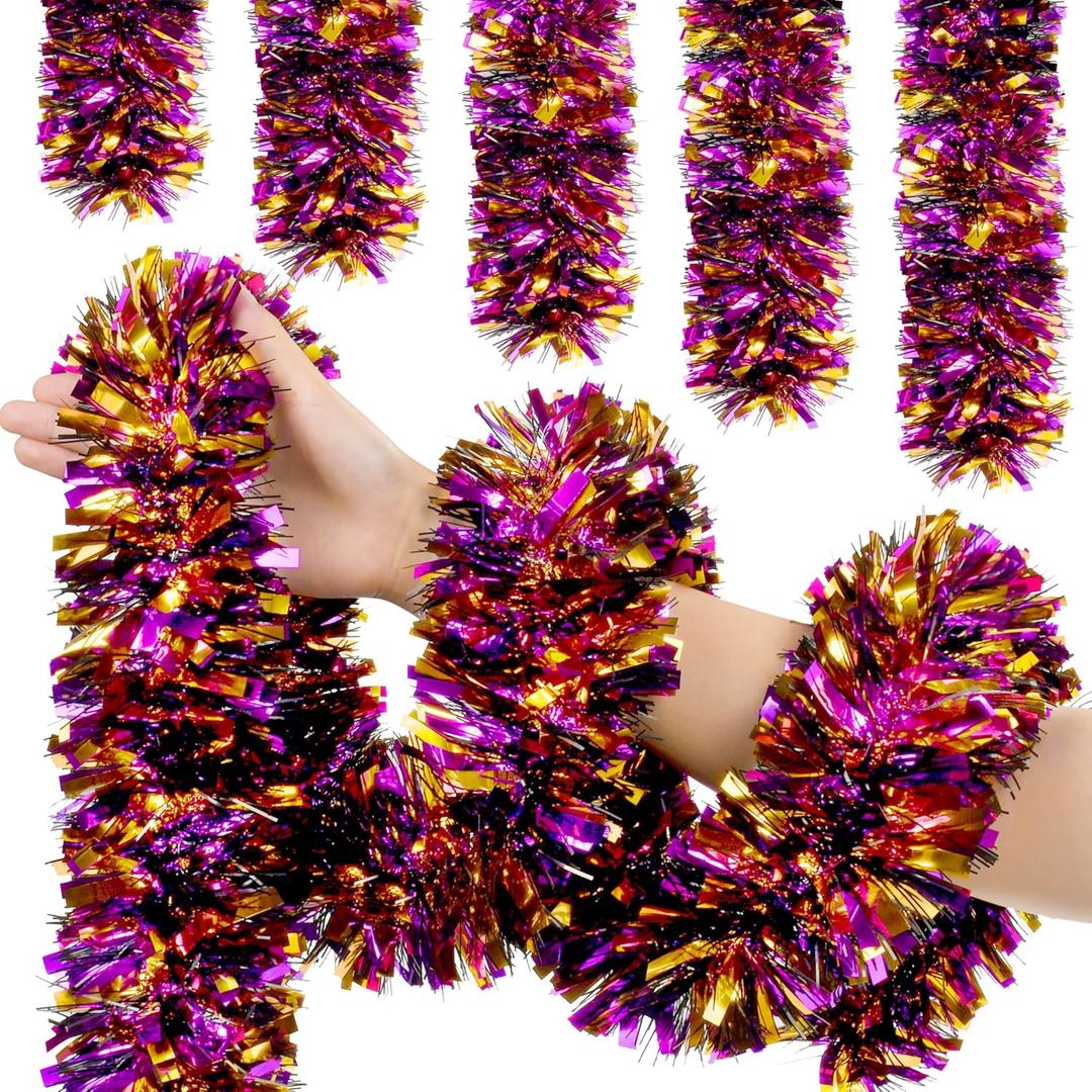 50 FT Halloween Tinsel Garland, Orange Purple Black Glitter Tinsel Garlands, Metallic Holiday Hanging Streamers for Halloween Party Supplies Indoor Outdoor Decoration