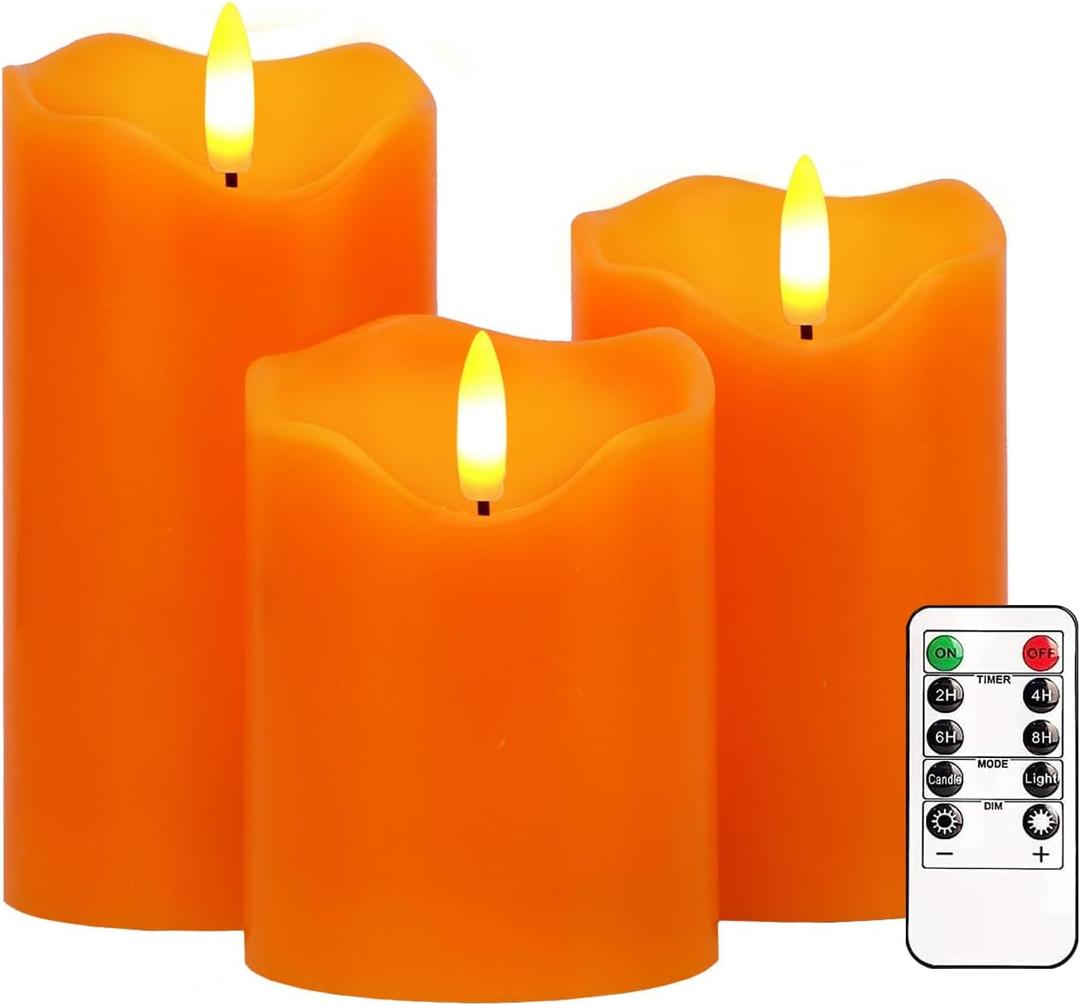Flameless Candles Lights, Set of 3 Orange Flickering LED Candles with Remote & Timer, Dimmable LED Pillar Candles Battery Operated, Electric Candles for Fall Halloween Thanksgiving Decor (Orange)