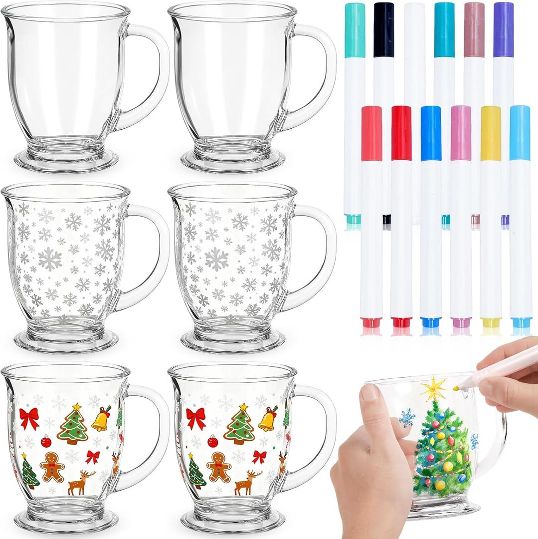 6 Sets Glass Coffee Mugs Paint a Mug Kit Christmas Gifts for Adults with Handles for Hot Beverages Personalized Paintable Custom Design Paint Your Own Mugs with DIY Markers