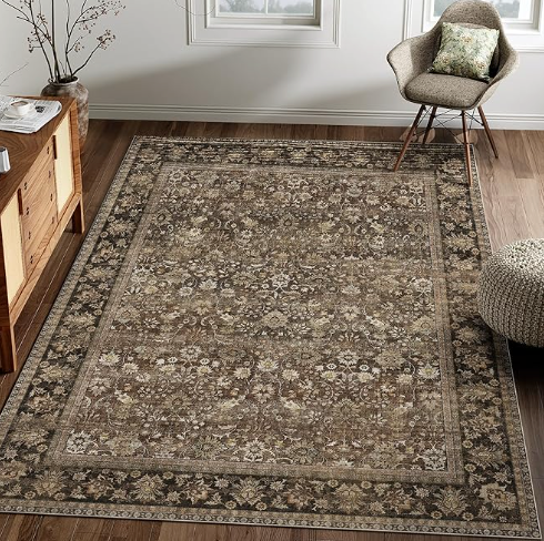  HUGEAR 4x6 Machine Washable Rugs Brown Hallway Area Rug Indoor Accent Rug Floral Low Pile Carpet Soft Throw Rug Bedroom Living Room Office Dining Room Kitchen Laundry Room Non Slip