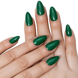 5 x Short Almond Press On Nails, Durable Reusable Glossy Artificial Nails Kit with Adhesive Tabs, 24 Pcs 12 Sizes for Fashion Women, Perfect for for Daily Outfits, Party or Date, Green