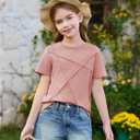 Haloumoning Girls Short Sleeve T Shirts Kids Summer Fashion Pleated Crewneck Tops Tees 5-14 Years (Pink)