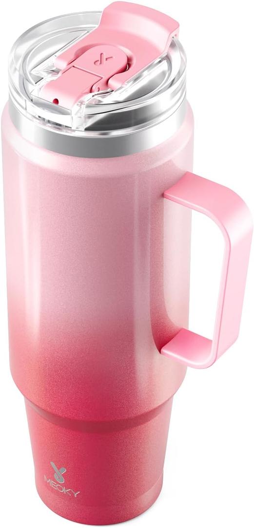 Meoky 40oz Tumbler with Handle, Stainless Steel Travel Mug with 2-in-1 Straw and Sip Lid, Vacuum Insulated Coffee Mug, 100% Leak Proof, Keeps Cold for 34 Hours or Hot for 10 Hours (Flamingo)