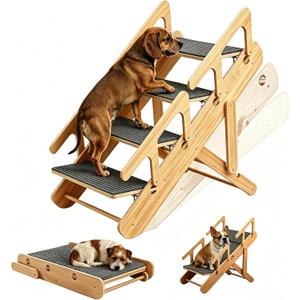 Double Safety Handrails 2 in 1 Adjustable Dog Stairs & Ramp for Small Medium Dogs & Old Cats, Foldable Wooden Pet Steps with Non-Slip Mat for Bed Couch Car Travel