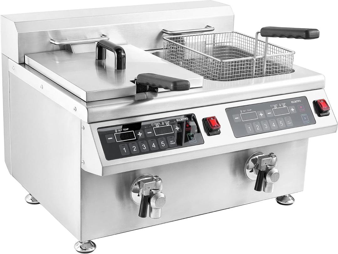 EGGKITPO 240V 7000W Commercial Induction Fryer 12L2(25.4 QT) Electric Deep Fryer with Solid Baskets, 60 Minutes Timer Oil Drain Stainless Steel Bulid for Large Restaurant or Business Use