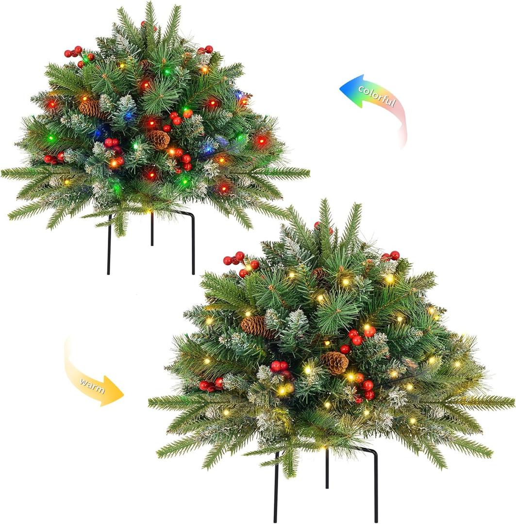 2 Pack Christmas Tree Urn Filler, Battery Operated with Timer, Pre-lit Warm White & Multi-Color Changing LED Lights, 21in Artificial Xmas Tree for Porch, Pathway, Yard, Outdoor Holiday Decoration