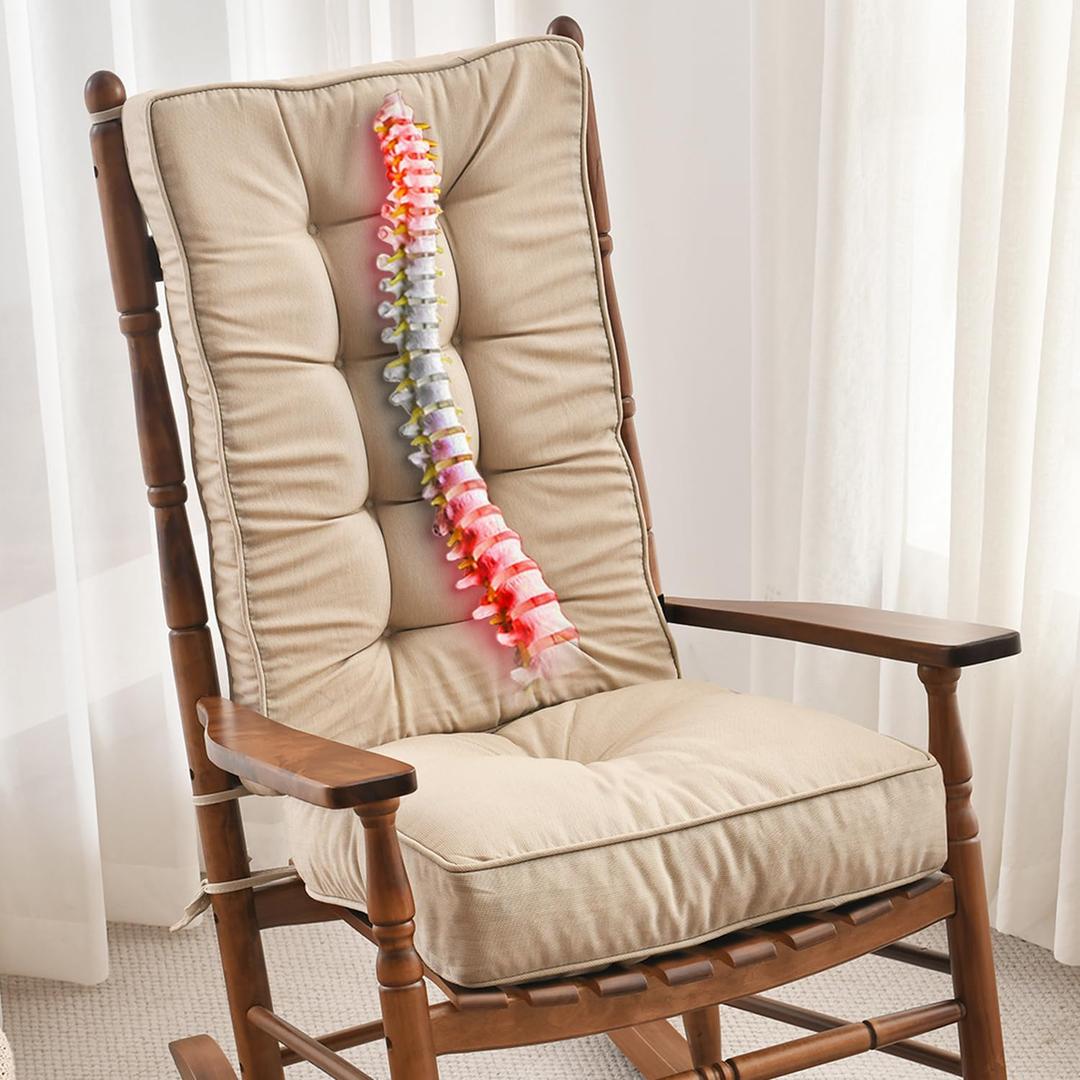 SUNROX Memory Foam Jumbo Rocking Chair Cushions, FadeShield Water Resistant Non Slip Durable Tufted Pads, Set of Seat & Back Cushion with Ties for Indoor/Outdoor Rocker, 2 Piece, Jumbo- 28"X18"/18"X18", Husk Birch