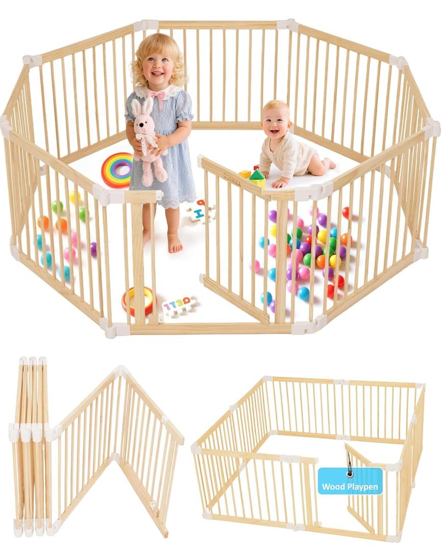 CONKKA Foldable Wooden Baby Playpen Large Play Yard for Babies, 2 in1 New Mom Helper Portable Fence, Custom 25" Tall Wood Gate with Adjustable Size & Shape for Infants 3-16 Months -63x63x25 inch