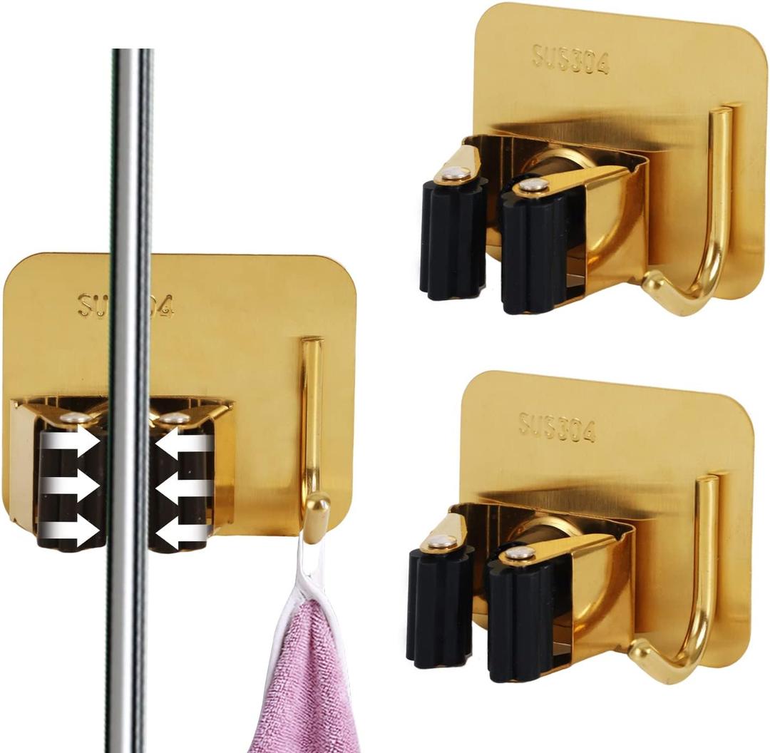 Mop and Broom Organizer Wall Hanging No Drill,Metal Utility Tool Hangers Wall Mountable,Garage Closet Organizer Heavy,Storage Rack Self Adhesive 2Pcs for Bathroom, Kitchen, Office,Laundry.Gold