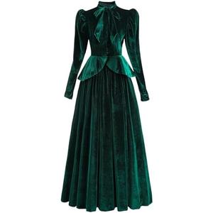 FCCAM Velvet Victorian Dress for Women Black 2-Piece 1800s Edwardian Dresses Costume with Pockets, Green, Large