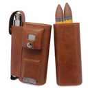 AMANCY Luxury 2 Holder Brown Leather Portable Cigar Case Gift Set, Leather-Wrapped Cigar Travel Humidor Contained 2 Oz Stainless Steel Flask with Lighter and Cutter