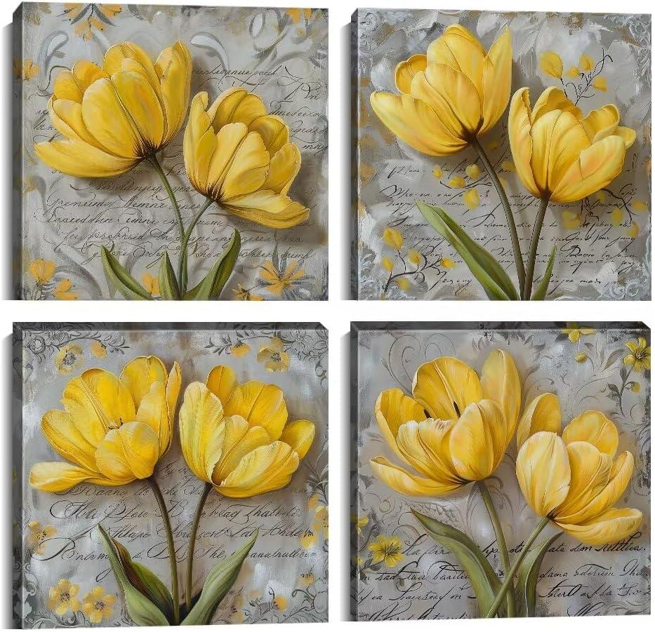HJY Art Yellow Tulip Wall Art, 4pcs Framed Canvas Prints, 12x12 inches, Rustic Floral Theme, Multi-room Wall Decor (Yellow gray and black)