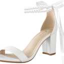 Ankis White Heels Wedding Shoes for Bride Women Chunky Heels Pearl Bow Heeled Sandals 2.75 Inch 8.5