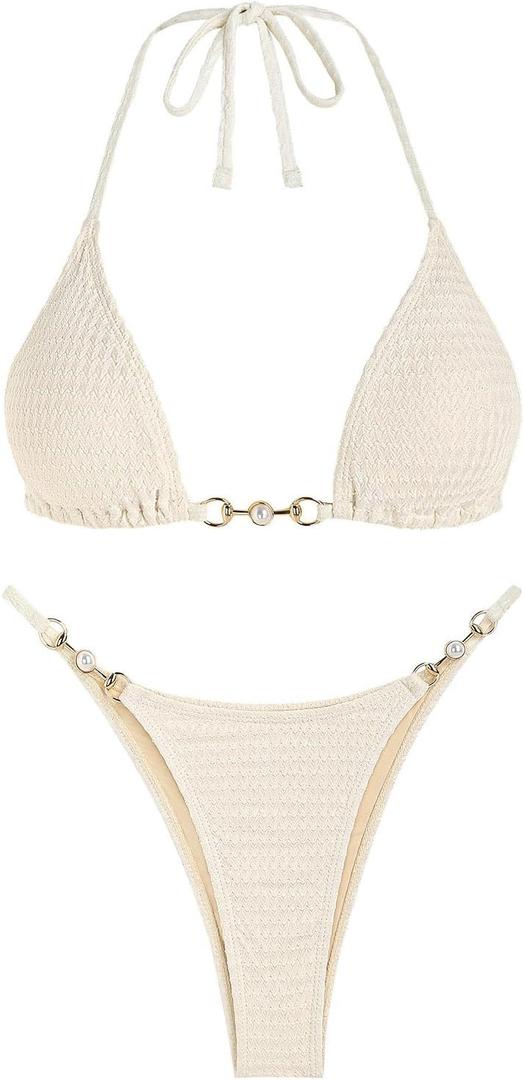 ZAFUL Bikini Sets for Women Halter Two Piece Swimsuits Sexy Triangle Bikinis Textured Cheeky Bathing Suit (Beige, M)