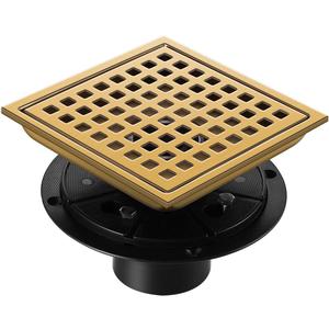 Shower Drain, Brushed Gold 6 inch Shower Floor Square Drain with Flange, Removeable Grid Panel SUS 304 Stainless Steel Square Shower Drain