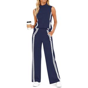 Casly Lamiit Womens 2 Piece Lounge Set Stripes Travel Outfits Sweatsuit Mock Neck Tank Top Wide Leg Pants Casual Activewear (L)