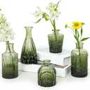 Glass Bud Vase Set of 5, Green Small Flower Vases for Centerpieces in Bulk, Mini Vintage Vase for Rustic Wedding, Home,Table Decoration
