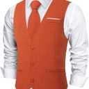 DiBanGu Mens Linen Suit Vest Casual Waistcoat and Necktie & Pre-tied Bowtie Set 6PCS Solid Color Dress Vest for Wedding Party (Orange, XXL)