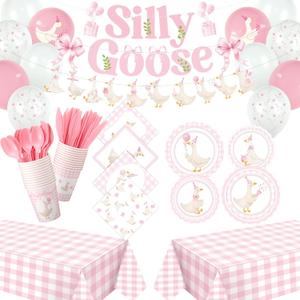 183pcs One Silly Goose Birthday Party Tableware Set Silly Goose Party Supplies for 24 Guests Tableware Includes Plates Napkins Cups Banner Gingham Tablecloth Balloons(Pink,Classical)