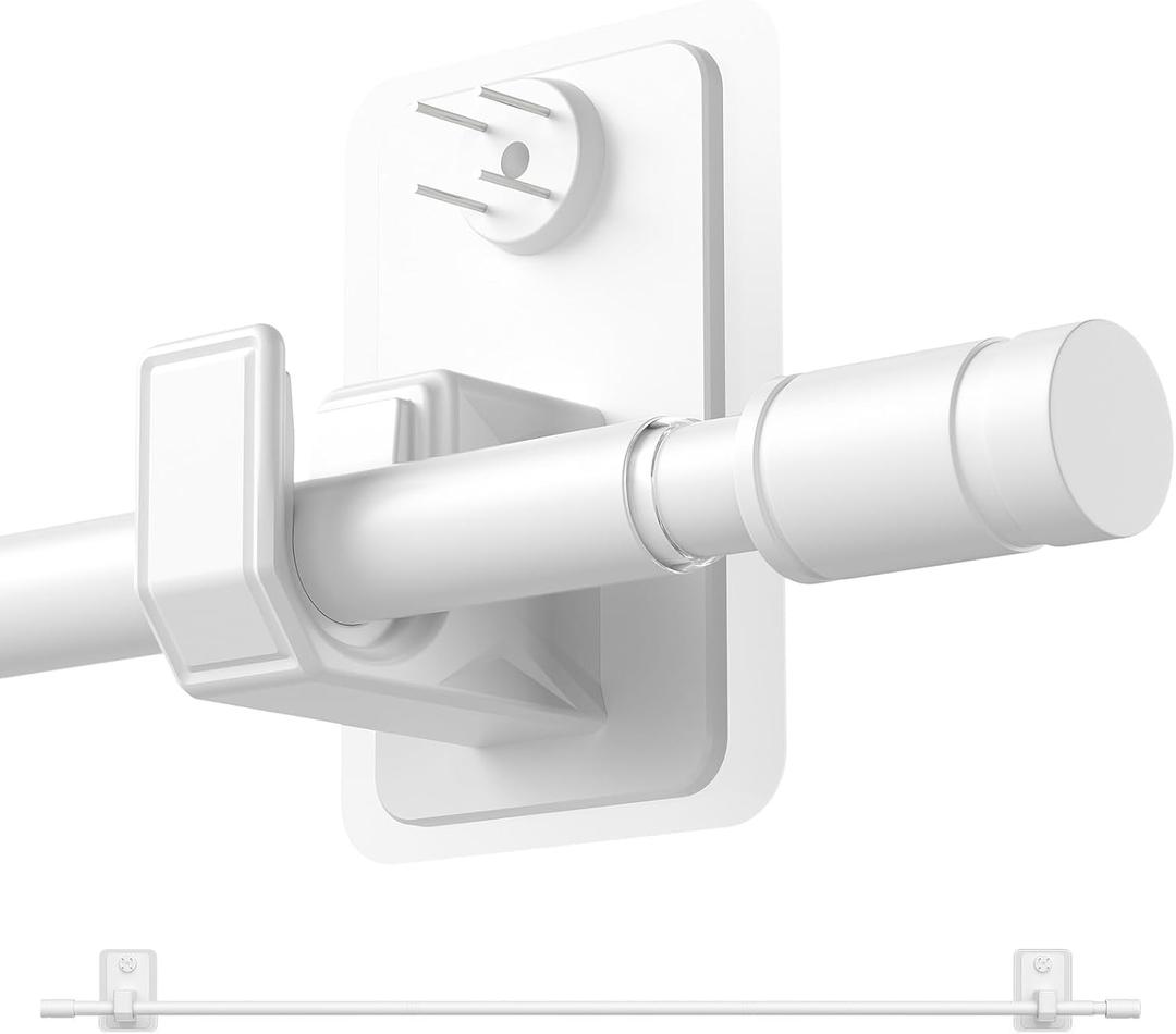 2.0 Upgraded No-Drill Curtain Rod for Windows 48-84 inches – Renter-Friendly Adhesive & Pin-Nail Mount, 5/8" White Adjustable Rod, Minimal Wall Damage