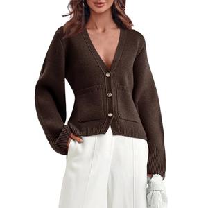 Saodimallsu Womens Button Down Cardigan Sweaters Cropped Deep V Neck Open Front Long Sleeve Fall Knit Sweater Coats Brown, XXL