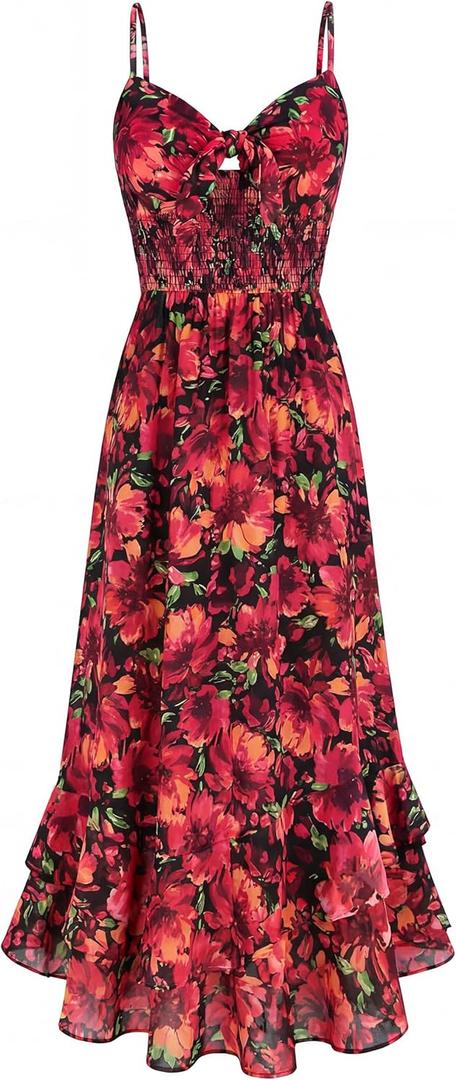 GRACE KARIN Womens Maxi Floral Sundresses Summer Beach Boho Dress Spaghetti Strap Dresses Casual Fashion Clothes with Pockets Black Red Medium
