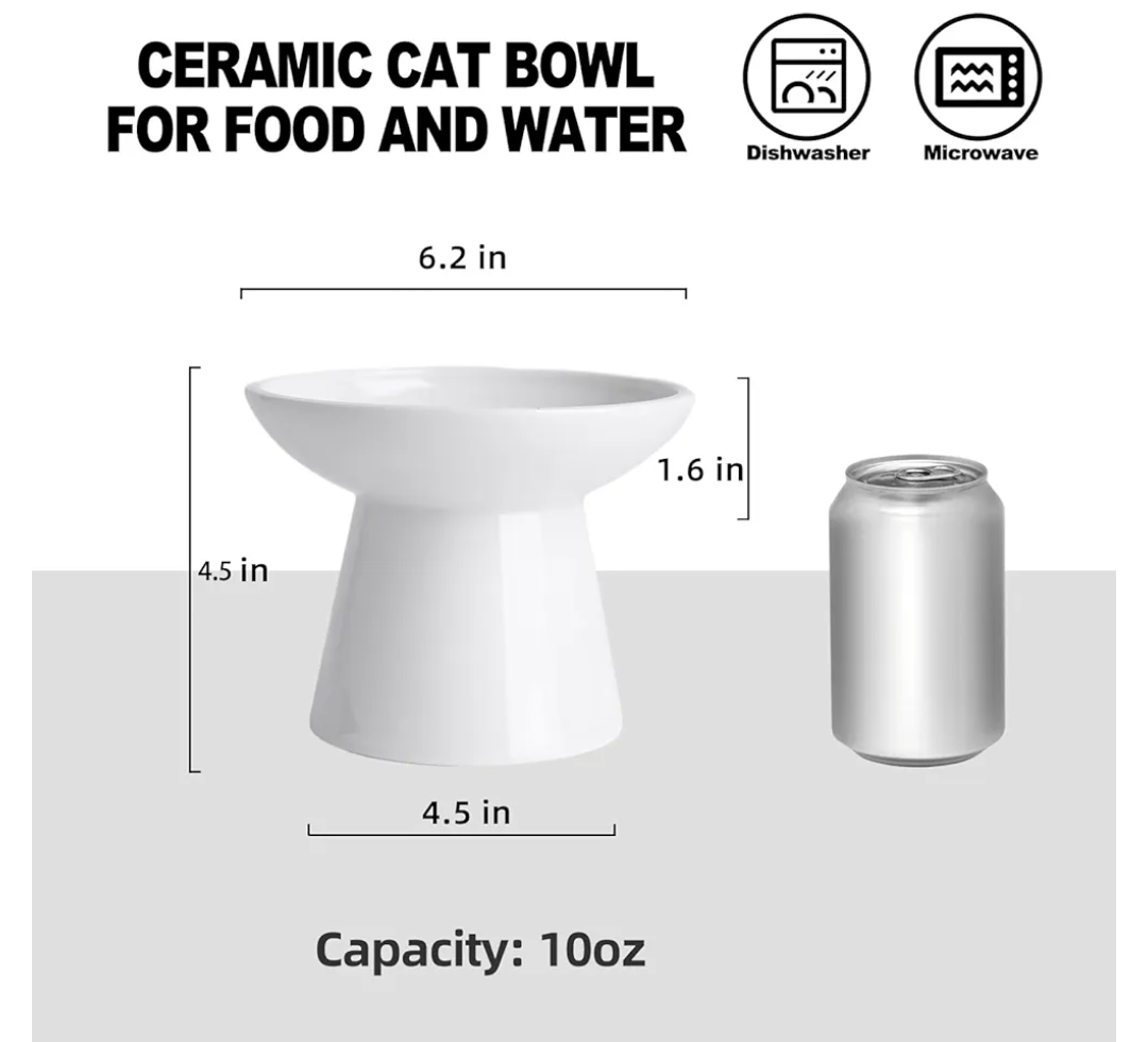 KITCHENLESTAR 6.2 Inch Extra Wide Elevated Ceramic Cat Bowls, Food and Water Bowl Set for Elder Big Cats Small Dogs, Raised Design for Pet Easy Eating, Protect Cat's Spine Set of 1 (White)