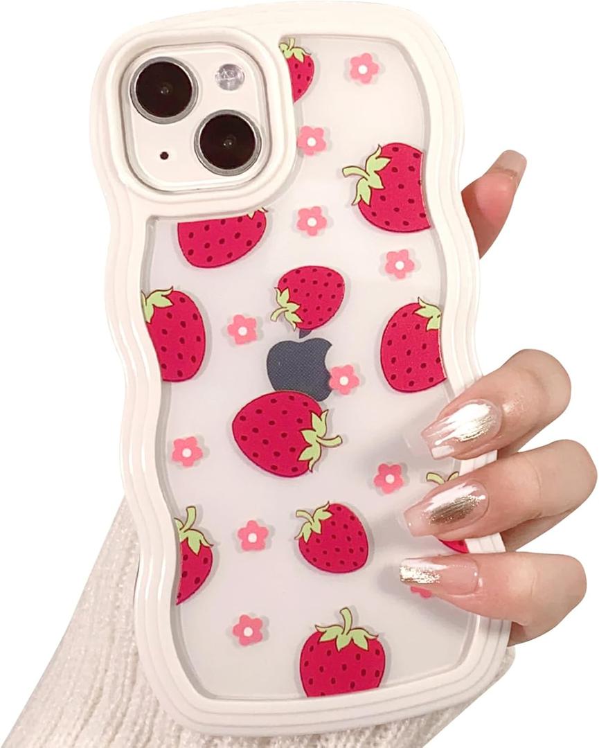 NITITOP Compatible for iPhone 13/ iPhone 14 Case Cute Curly Wave Wavy Frame Shape Shockproof Soft TPU 2 in 1 Flower Floral Phone Cover for Women Girl-Strawberry
