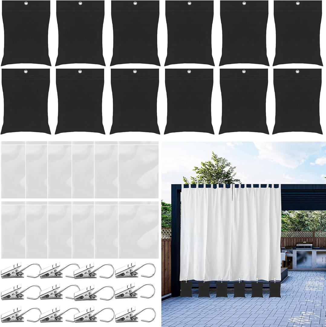 12 Pack Outdoor Curtain Weights, 24oz Large Capacity Curtain Weights Bags Drapery Bottom Weighted Sandbag Bags with Sealed Bags & Clips for Drapes Pergola Cabana Gazebo Garden Yard