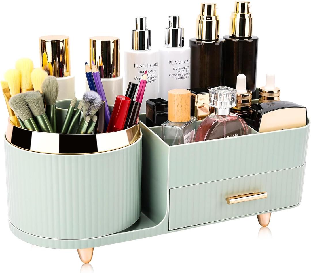 Beborxue 360 Rotating Makeup Organizer for Vanity with Drawers, Large Capacity Cosmetic Display Case, skincare organizer, Cosmetic Organizer for Lipstick, Skincare, Brushes, Eyeshadow, (Green)