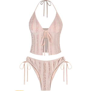 ZAFUL Tankini Swimsuits for Women Smocked Ruffles Tie Front Bowknot Textured High Cut Tanga Tankini Set(Pink L)