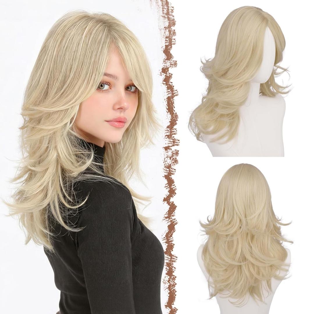 FESHFEN Light Blonde Wavy Layered Wig with Curtain Bangs for Women, 20 Inch Long Synthetic Natural Looking Middle Part Hair Wig For Costume Party Daily Use
